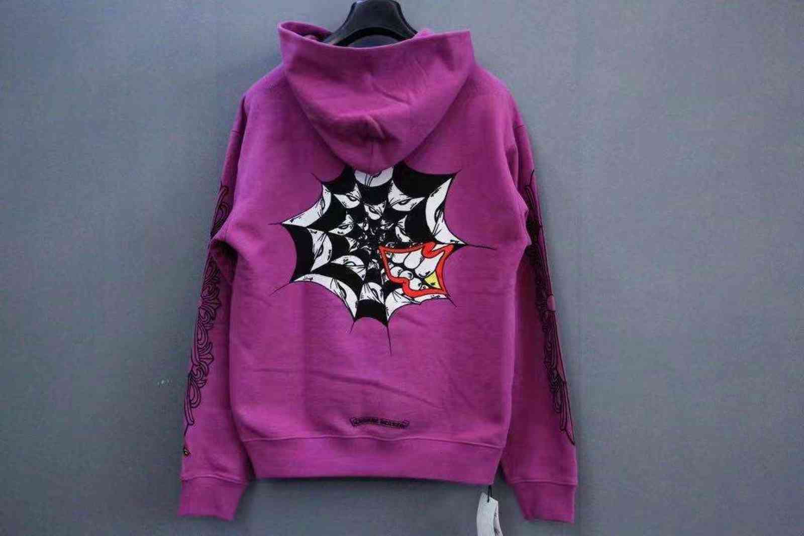 

Crogao 2021 Street Ch Purple Graffiti Spider Web Print Loose Hooded Plush Thickened Long Sleeve Sweater