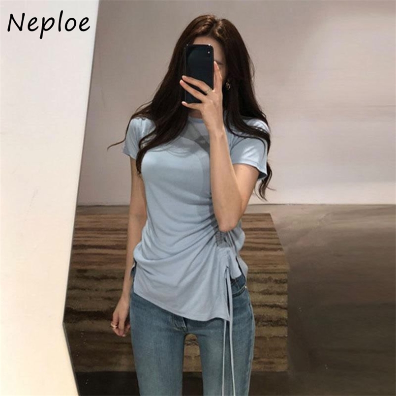 

Neploe Korean Side Drawstring Design Slim Fit T Shirt Women O Neck Pullover Short Sleeve Solid Tees Summer Lady Top 210708, Blue