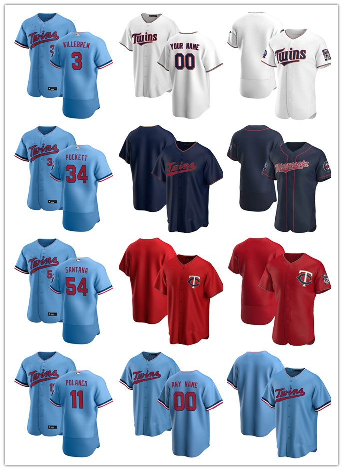 

Custom Jersey Mens women Youth Minnesota Twins 34 Kirby Puckett 3 Harmon Killebrew 54 Ervin Santana 11 Jorge Polanco Baseball Jerseys, Blue;black