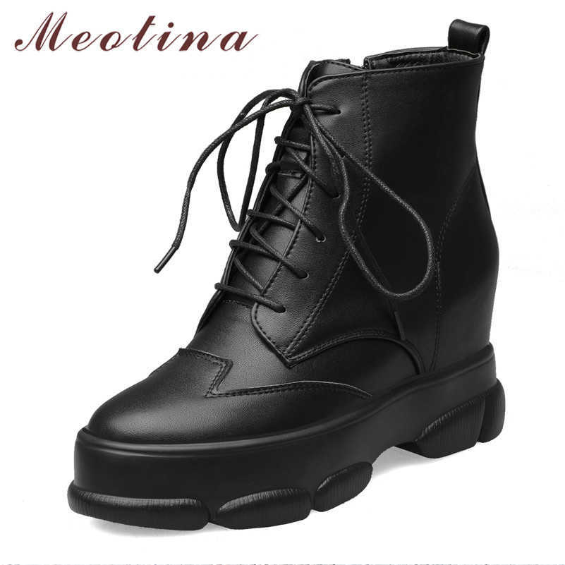 

Meotina Autumn Ankle Boots Women Lace Up Height Increasing High Heel Short Boots Zipper Round Toe Shoes Lady Winter Big Size 43 210608, Black