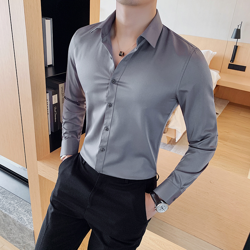 

British Style New Solid Shirt Men Long Sleeve Fashion 2021 Autumn Business Formal Wear Men Shirts Slim Fit Casual Blouse Men 4XL, Yellow