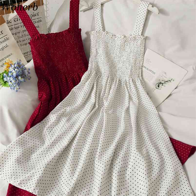 

Woher Pleated Slim Dress Women Polka Dot Sexy Lady Spaghetti Strap Vestidos Korean Sleeveless Robe Ruffle Backless Midi Dresses 210519, Red