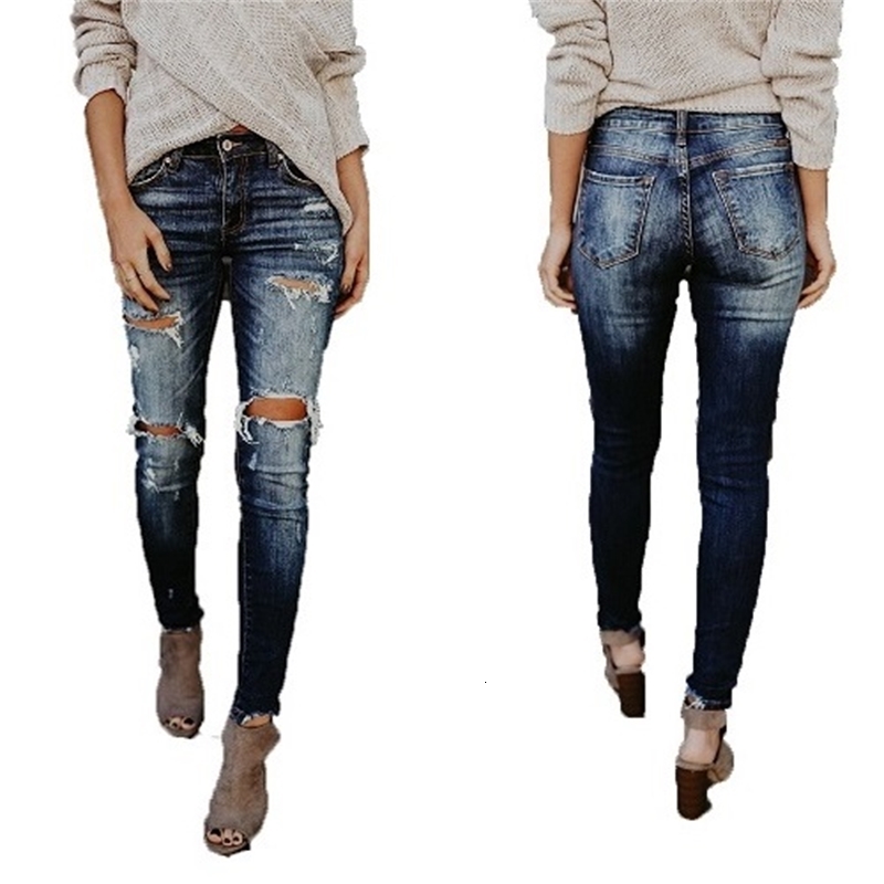 

jeans jeans spring cotton denim torn womanly denim-jeans hole whitening thin pencil slacks plus size jean, Blue