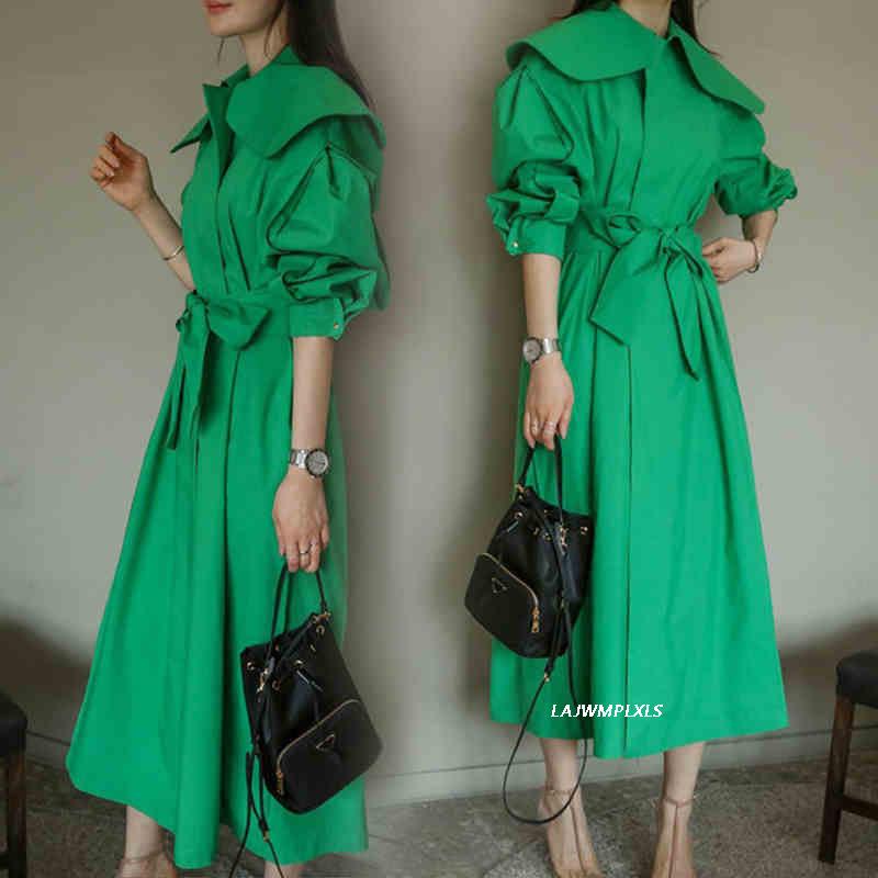 

Women' Trench Coats Korean Solid Color Elegant 2021 Spring Autumn Coat For Women Long Windbreaker Outwear Slim Green Overcoat