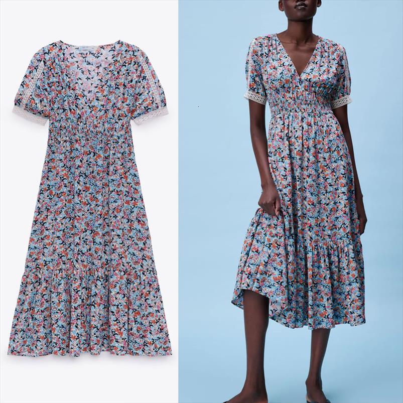 

za short puff sleeve women dress hemstitch applique print summer elastic waist vintage ruffle midi dresses, Black;gray