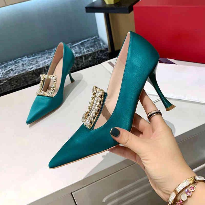 

70% Off Wholesale Sandals Flip-Flops Spring New high heel women square buckle rhinestone decor Pumps pointed toe banquet shoes satin stilettos wedding, Yellow leather 3.5cm