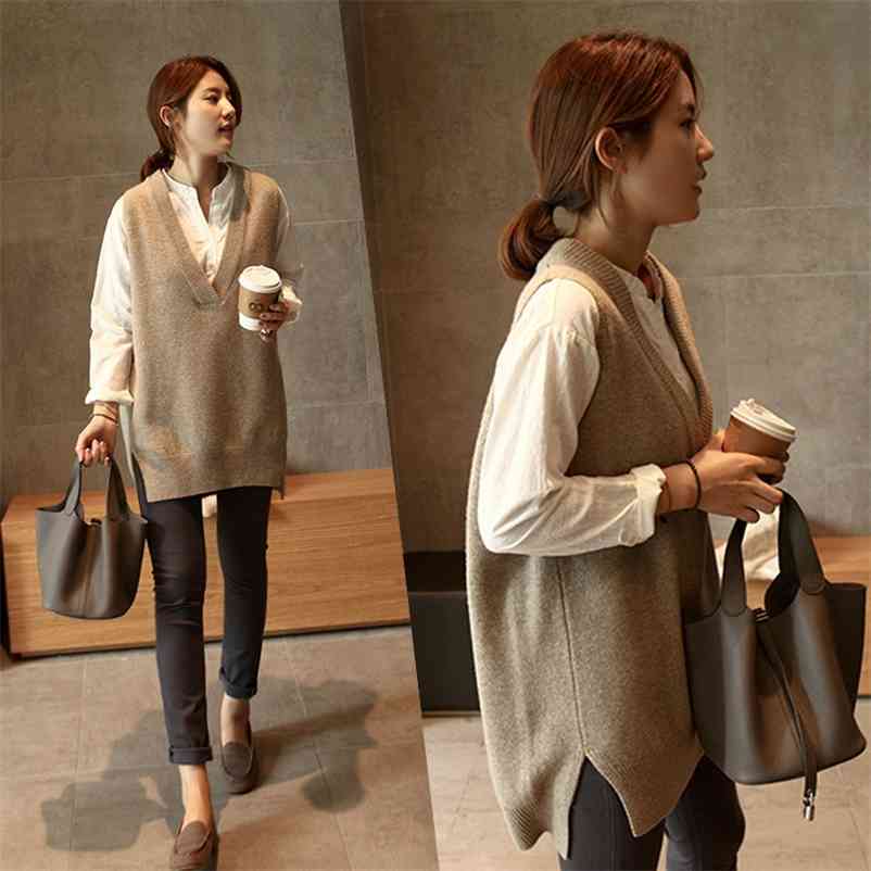 

V neck Girls Pullover vest sweater Autumn Winter Short Knitted Women Sweaters Vest Sleeveless Warm Sweater Casual oversize 210830, Brown