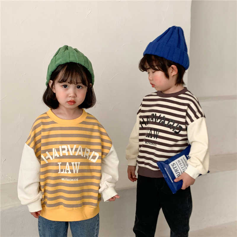 

Spring Fashion Children Striped Letter Print Sweatshirts Boys And Girls Patchwork Long Sleeve Loose Tops Clothing 210615, Black