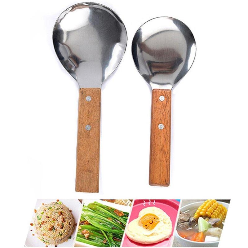 

Spoons Large Stainless Steel Spoon With Redwood Handle Rice Soup Tableware Coffee Beans Tofu Scoop Ice Kitchen Accessories
