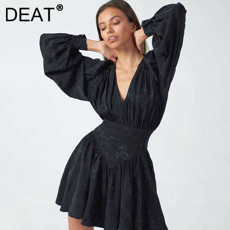 

DEAT Spring Autumn Black Chiffon Printing Elegant Loose Mini Dress Women Lantern Full Sleeve Pleated Slim Dresses ML770 210709