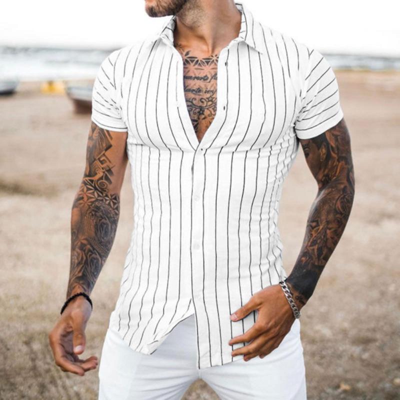 

Men's Casual Shirts Men White Vintage Short Sleeve Shirt 2021 Summer Hawaiian Mens Striped Print Beach Man Oversized Hemd Blusas, Black