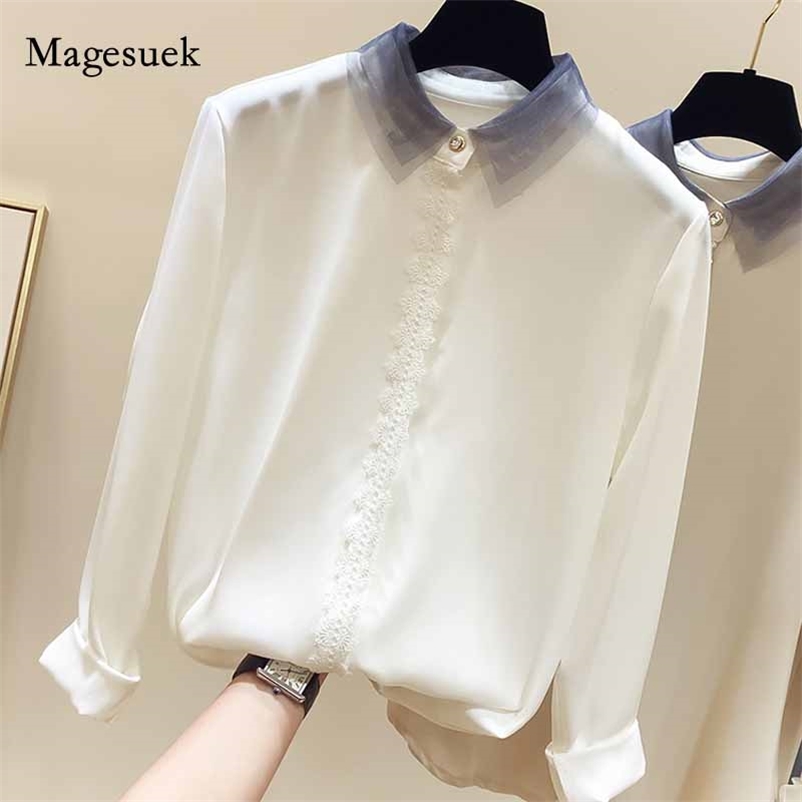 

Plus Size 4XL Vintage Long Sleeve Shirt Autumn Korean Slim Mesh Lapel Woman's Shirts Lace Stitching Chiffon Blouse 11094 210518, White