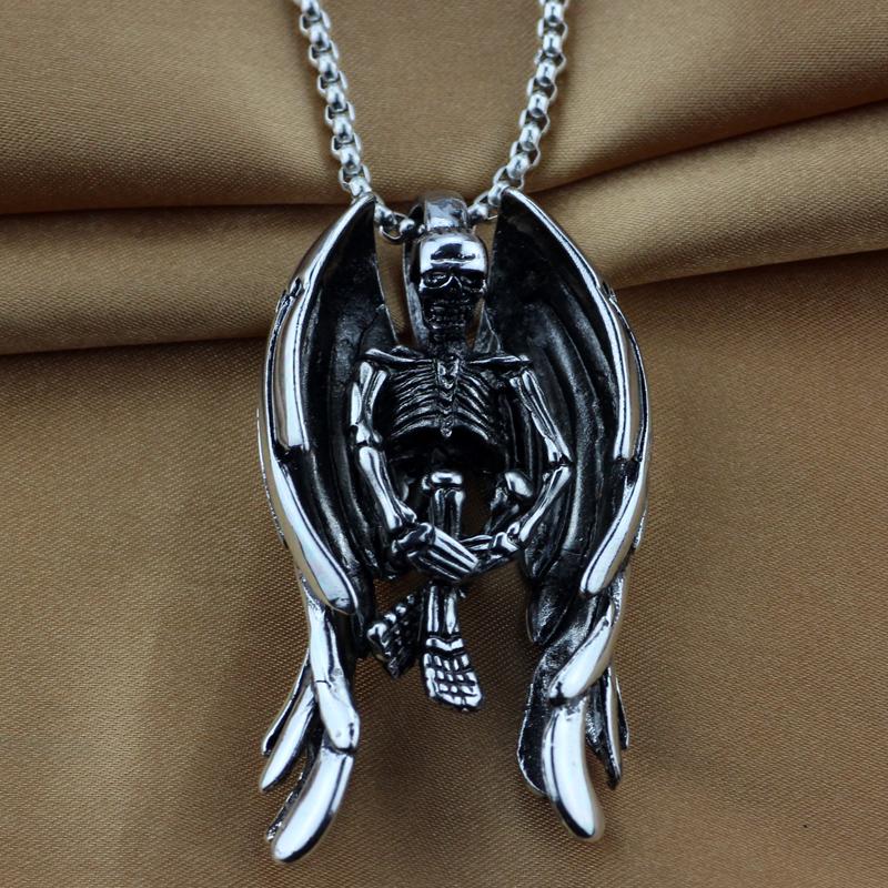 Pendant Necklaces Punk Devil Angel Necklace Gothic Retro Skeleton Skull Wing Men&#039;s Cool Jewelry Accessories Fashion Gifts-image-704826426