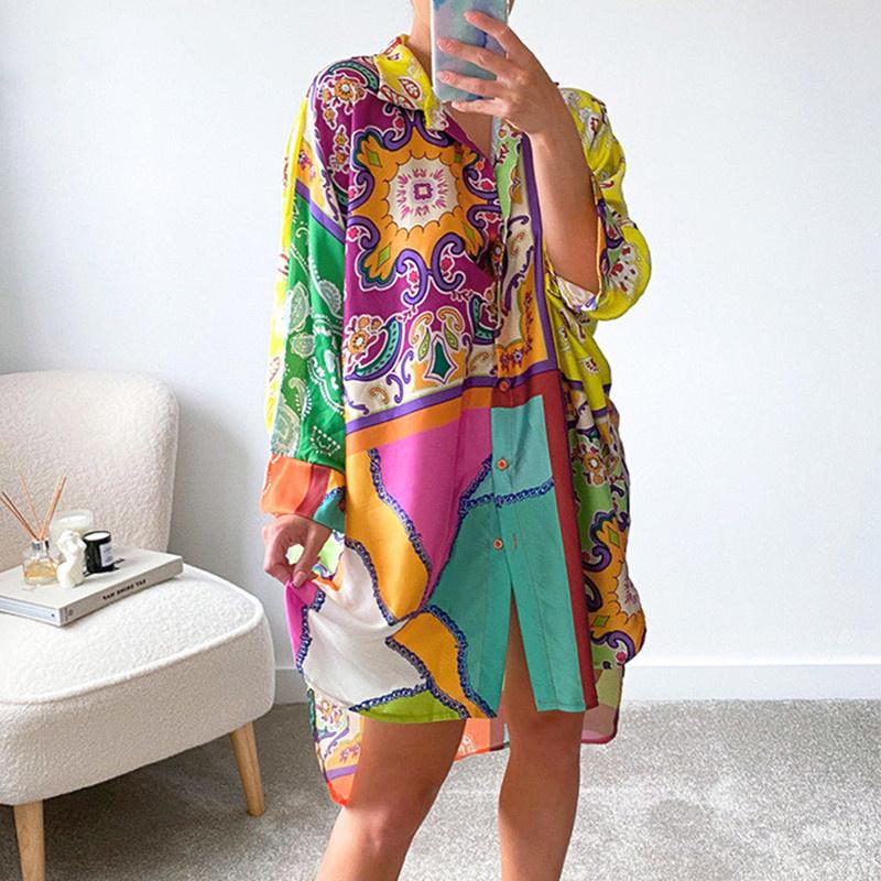 

Casual Dresses CHRONSTYLE Women Long Sleeve Shirt Dress Fashion Loose Single-breasted Lapel Ladies Print Short Femme Vestidos 2021