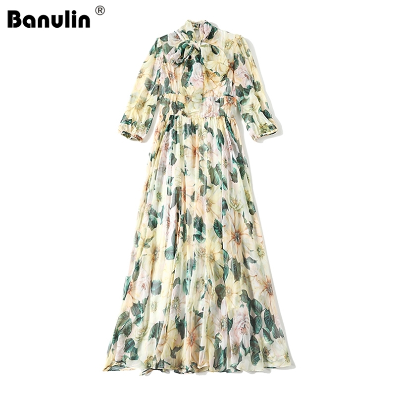 

Banulin Summer Fashion Runway Chiffon Beach Dress Women Bow Collar Rose Flowers Print Elegant Holiday Party Midi 210603, Yellow