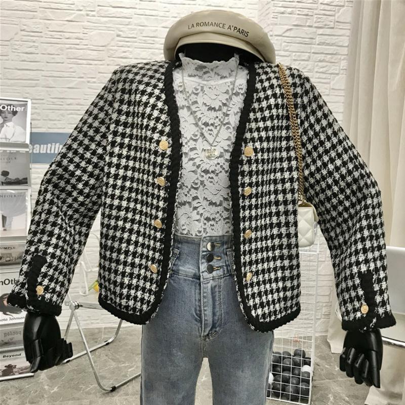 

Women's Jackets 2021 Autumn Winter Vintage Plaid Tweed Jacket Coat With Buttons V Neck Crop Top Long Sleeve Woolen Women Korean Outwear, Black;brown