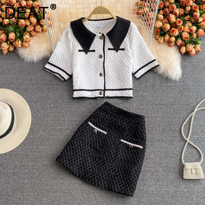 

DEAT Women Lapel Short Shirt Skirt Arrivals Short Two Piece Set Fashion Temperament Spring Summer 11D1654 210709, White