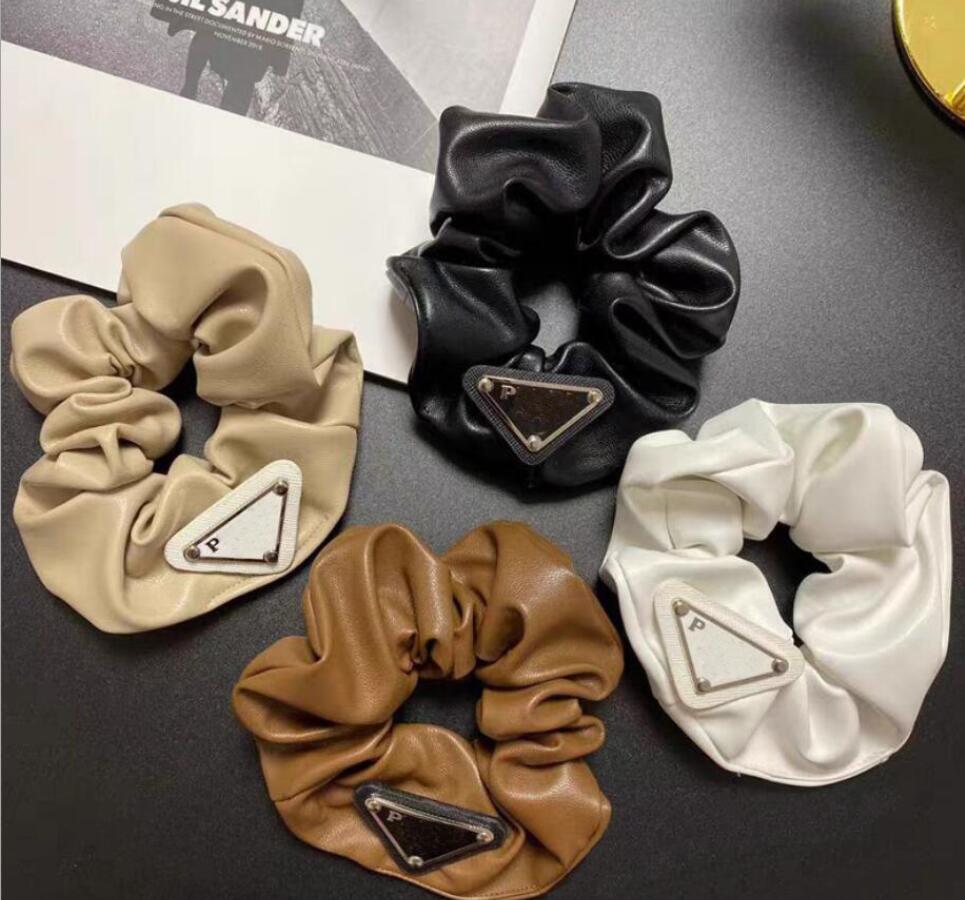 

Women Inverted TriangleLogos Designer Letters Print Hair Rubber Bands Elastic Large Intestine Ties Ropes PU Leather Ponytail Holder Headwarp