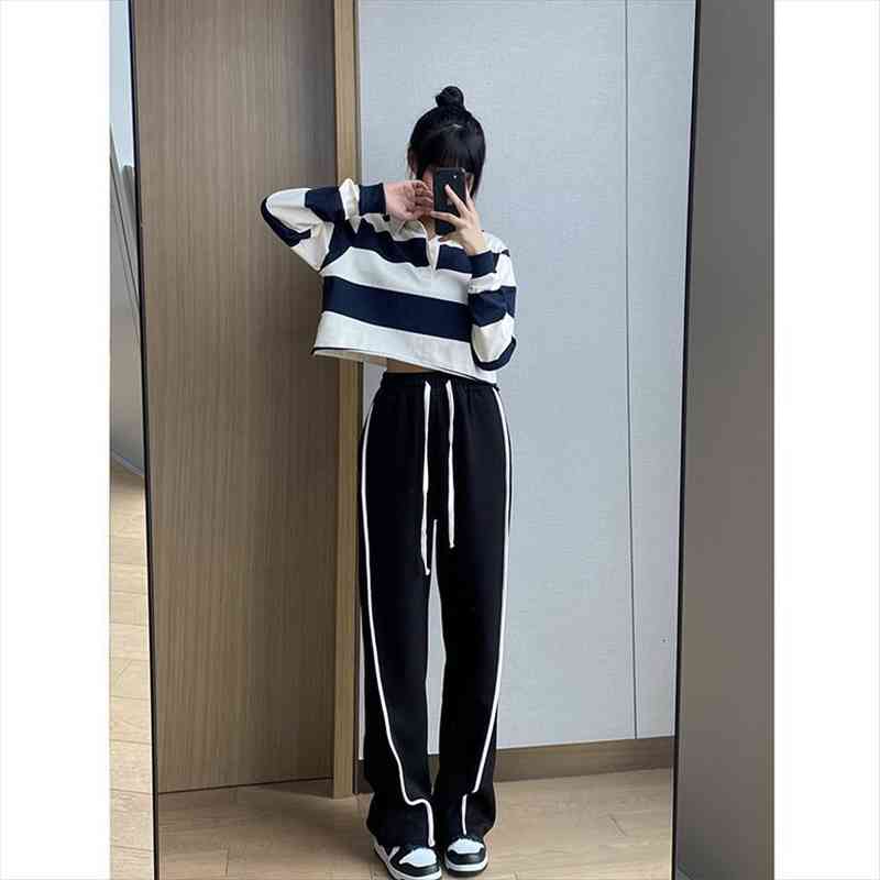 

high waist baggy casual trousers women pants autumn winter joker black wide legs sport plus size womens, Black;white
