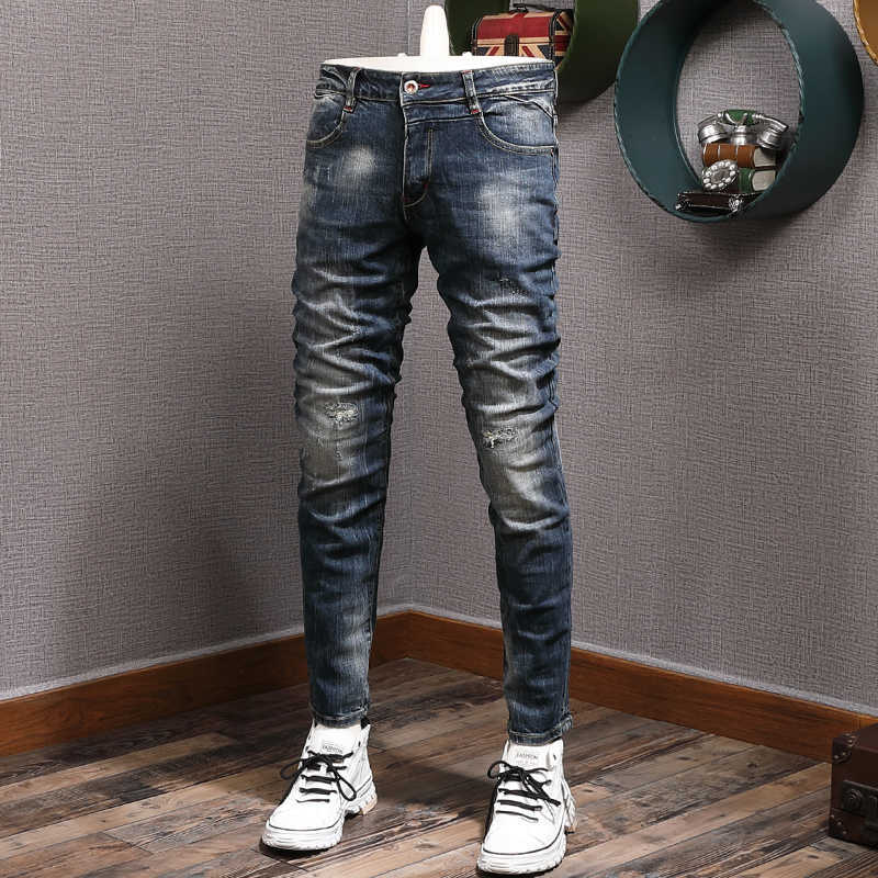 

Italian Style Fashion Men Jeans Retro Dark Blue Elastic Slim Fit Ripped Distred Vintage Designer Casual Denim Pants JABT