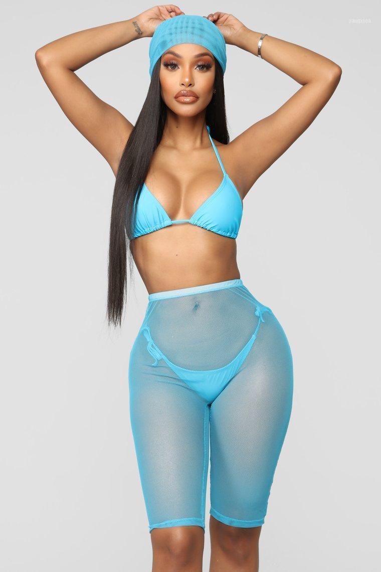 

Piece Set Women Summer Beach Holiday Wear 2021 Sheer Mesh Sexy Bandage Padded Camis And Transparent Perspective Pants Suit Women's Tracksuit, Gray