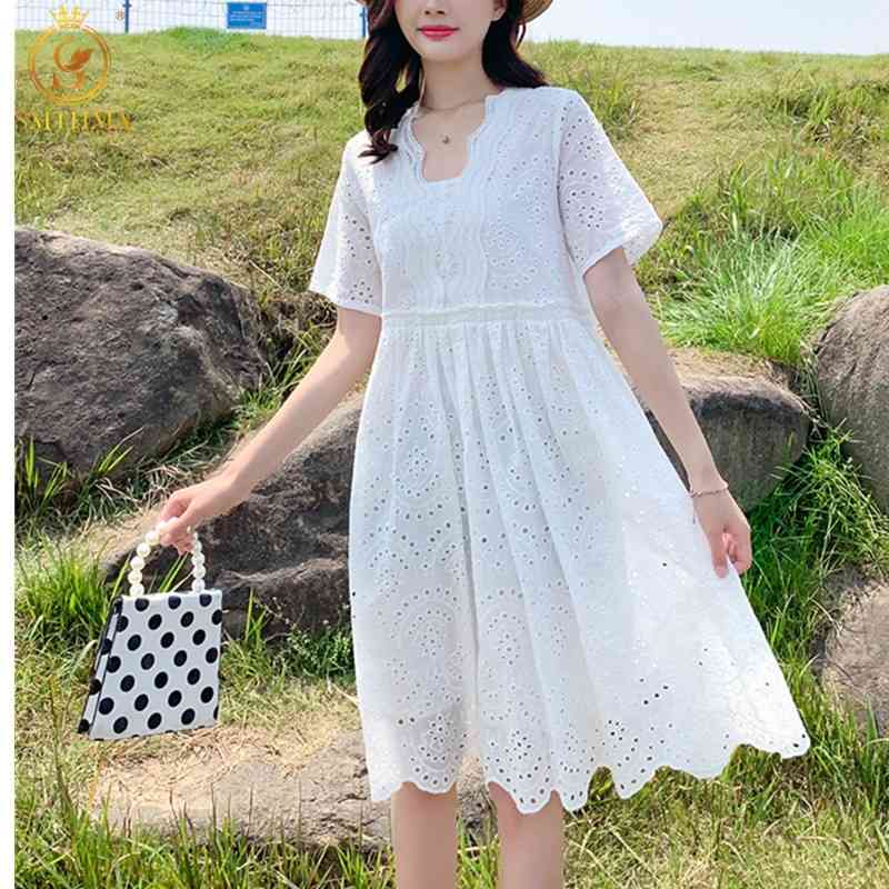 

Fashion Korea Chic Style Cotton Summer Dress Women's Lace Hollow Out Embroidery Solid Color Female Vestido 210520, Photo color