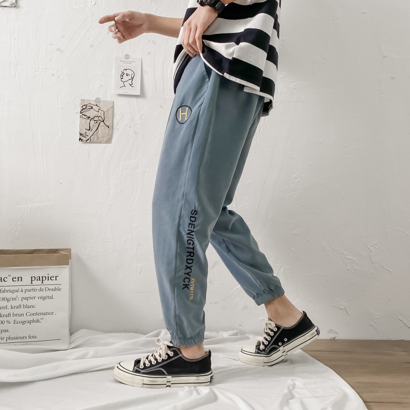 

2021 New Four Season Casual Cargo Pants Men Korean Drawstring Letter Print Pant Chic Fashion Streetwear Loose Pencil Pants Men, Blue