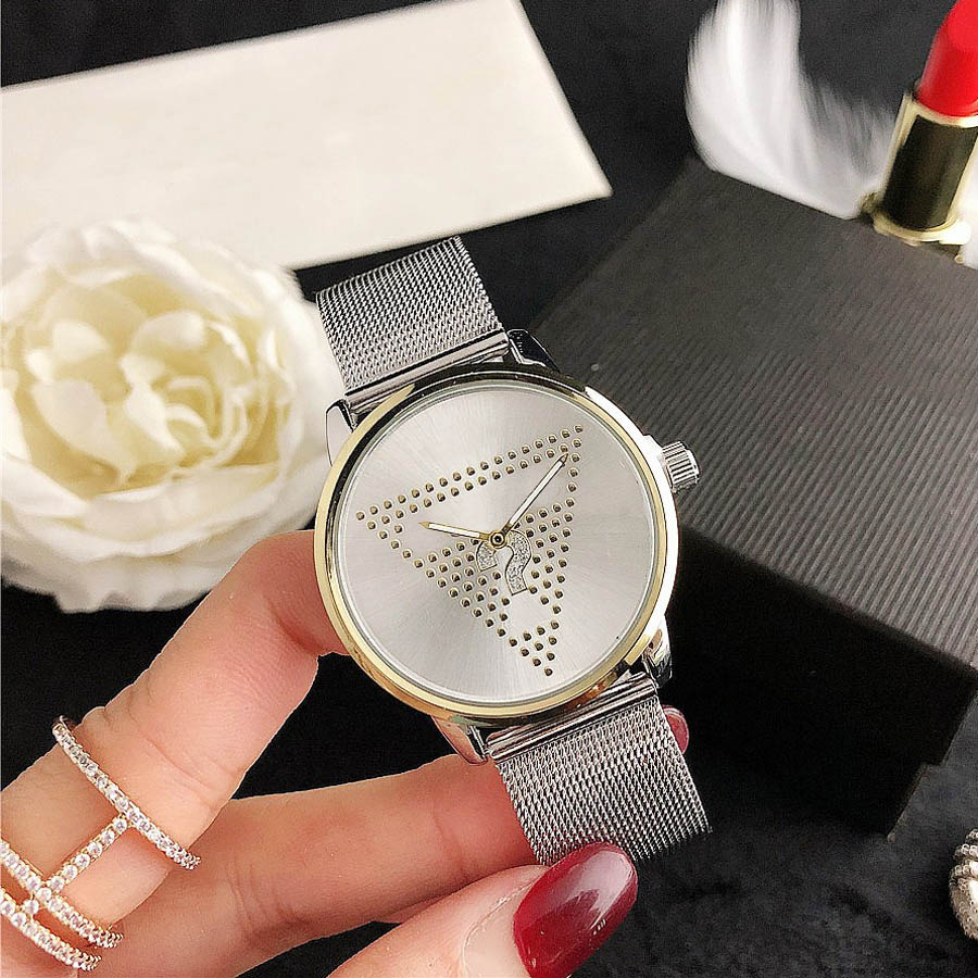

Brand Watches women Girl crystal triangle question mark style steel metal band quartz wrist watch GS38, Gold silver
