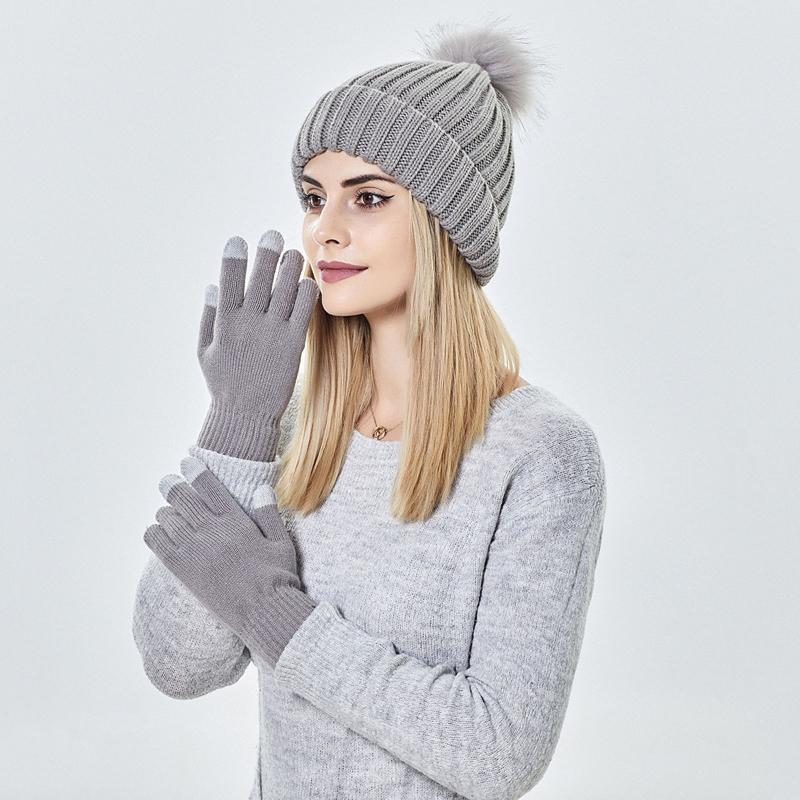 

Beanies Solid Color Skullies Ladies Casual Ski Cuff Cap Hat Soft Wool Winter Warm Hats For Women Knitted Beanie With Gloves