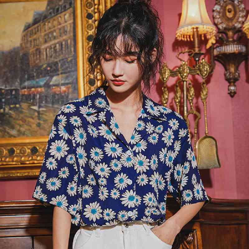 

Summer Casual Floral Pirnt Women's Blouse Notched Collar Short Sleeve Shirt Ladies Tops Loose Button Up Female Clothing 210521, Sku