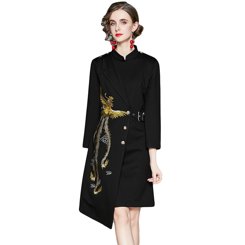

Fashion Designer Women Elegant Phoenix Embroidered Dress Black Retro Robe Female Bodycon Pencil Asymmetrical Dresses Vestidos 210525