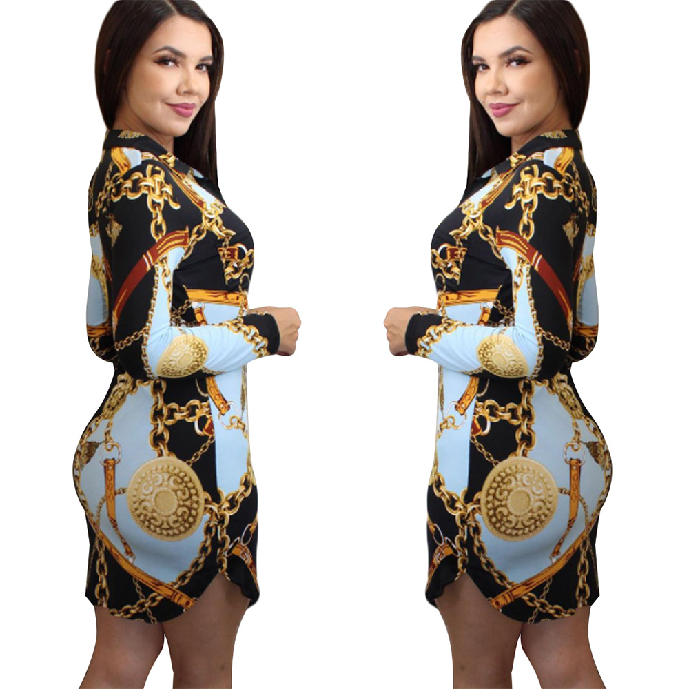 

Free Ship 2021 Autumn Women Fashion Chain Print Lapel Neck Shirts Casual Slim Long Sleeved Blouse Tops for Lady, White