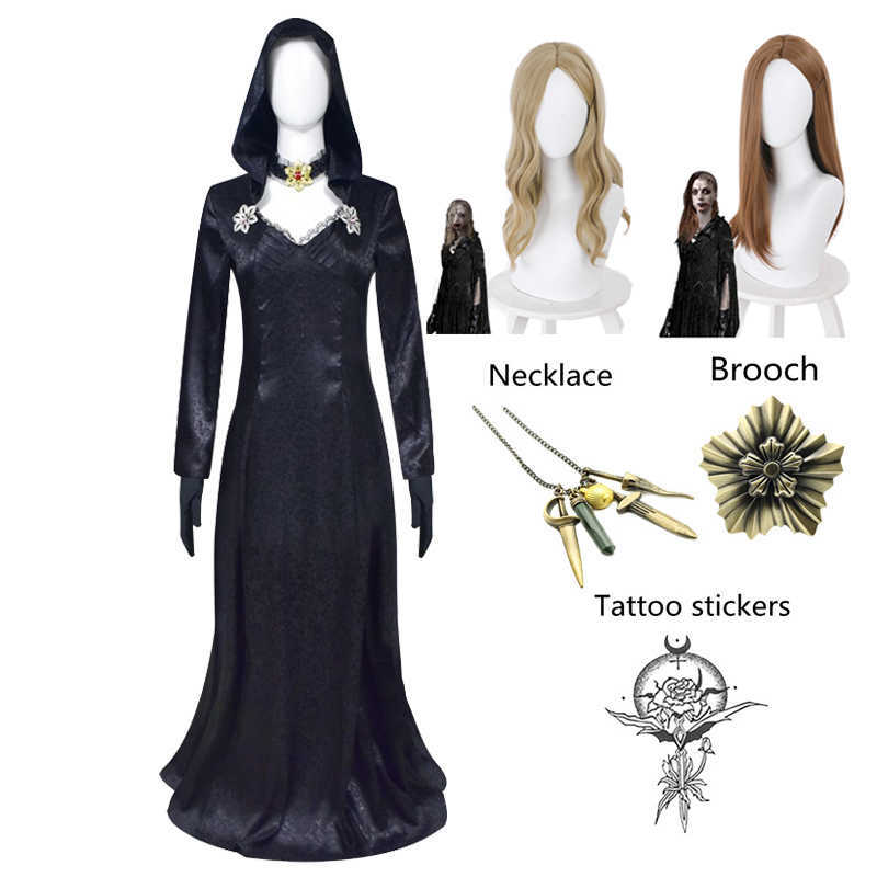 

Bela Cassandra Daniela Cosplay Costume Biohazard Lady Dimitrescu Madam Dress Vampire Uniform Necklace Tattoo Brooch Halloween Y0903