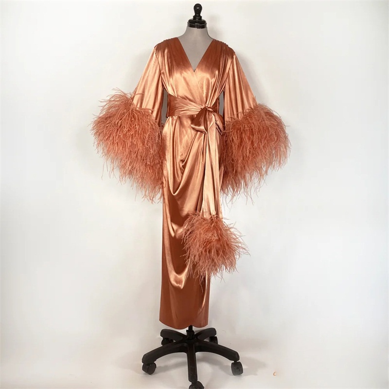 

Ladies Silk Satin Wraps Fur Photo Robes Custom Made Soft Ruffled Long Sleeves Pajamas Dresses Maternity Party Gowns Photo Shoot Bathrobes, Beige
