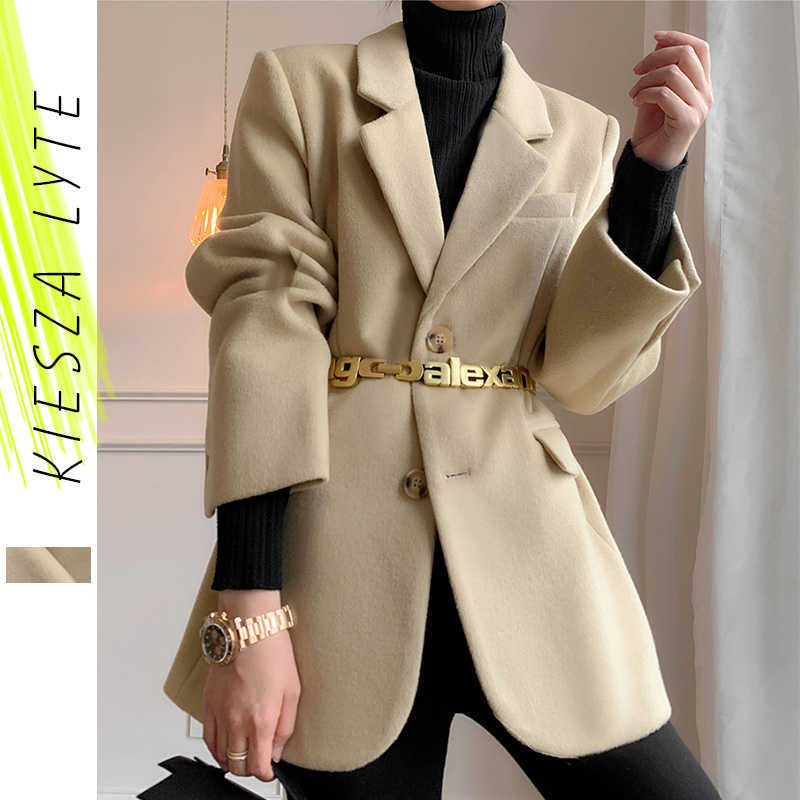 

Autumn Woman' Suit Jacket Khaki Woolen Tickened Notched Blazer Jackets Female Fashion Ladies High Quality 210608, Khaki (without belt)