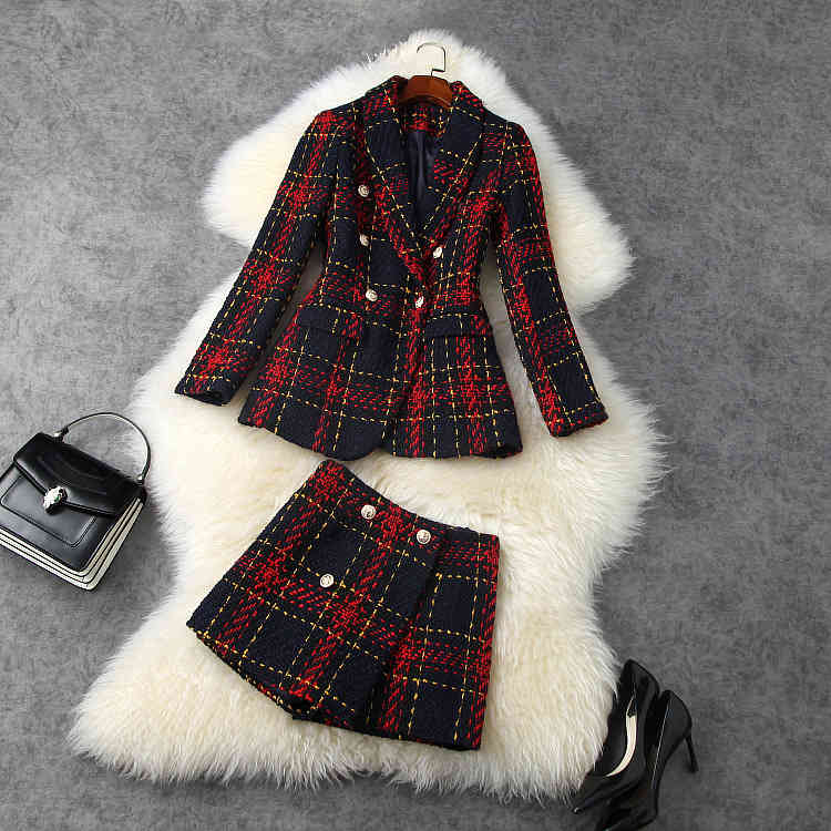 

Two Piece Dress European and American women's wear winter style Long-sleeved, double-breasted jacket shorts Fashion plaid tweed suit 4V81, Red