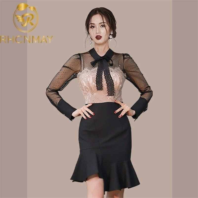 

Elegant Summer Korean Style Ladies Mini Sexy Dress For Women See-Through Mesh Patchwork Ruffle Bodycon Office Clothes 210520, Black
