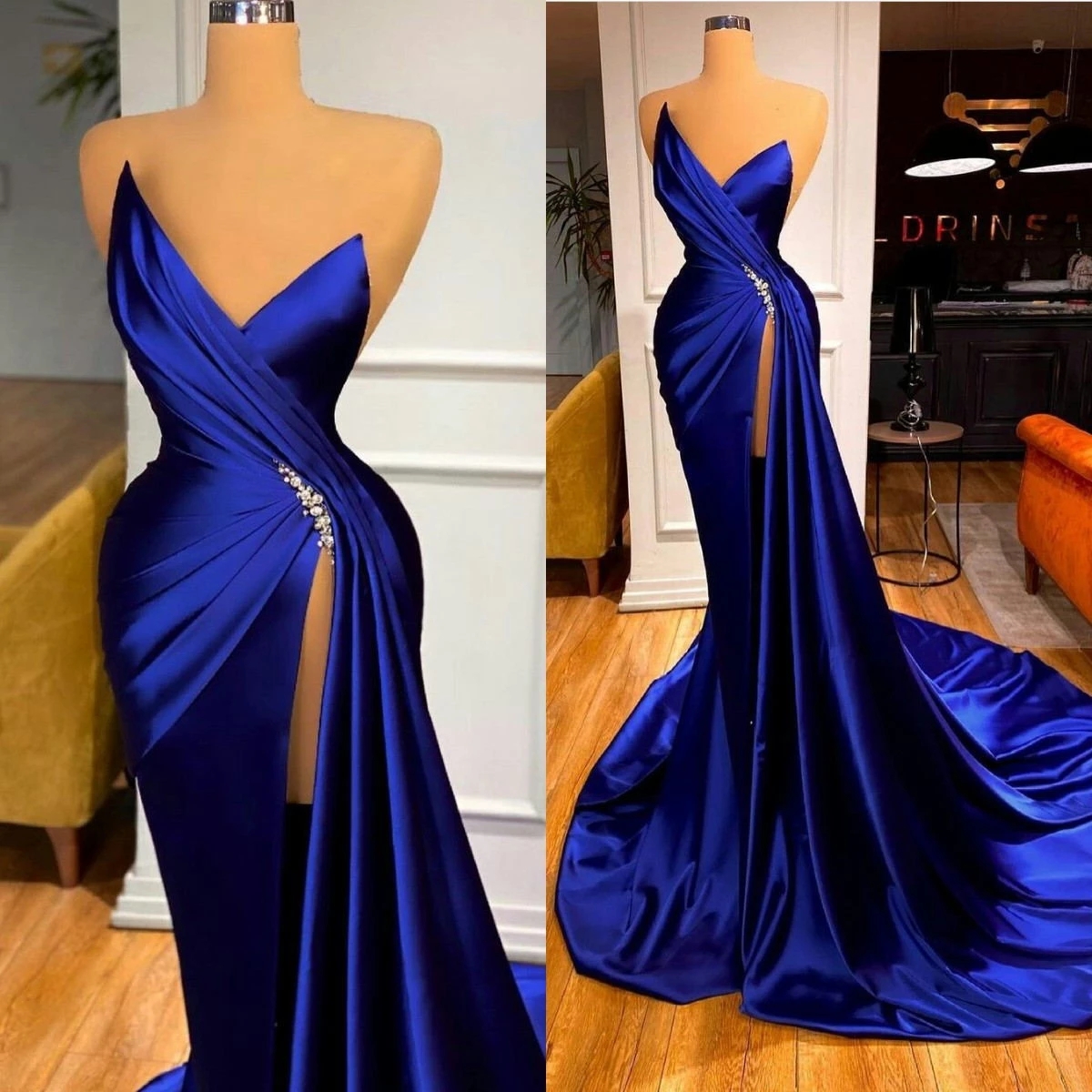 

Royal Blue Formal Evening Dresses Sexy High Split Beaded Ruched Satin Elegant Prom Gowns 2021 Arabic Aso Ebi Backless Special Occasion Dress Party Club Wear AL9578