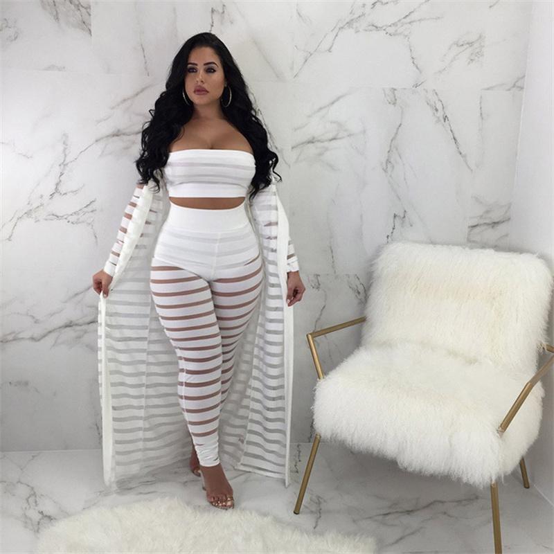 

Plus Size Tracksuits Sexy Three Pieces Set Women Clothes Long Cardigan Coat Tube Vest Full Pants Matching Sets Solid Stripe Mesh Outfit, Black