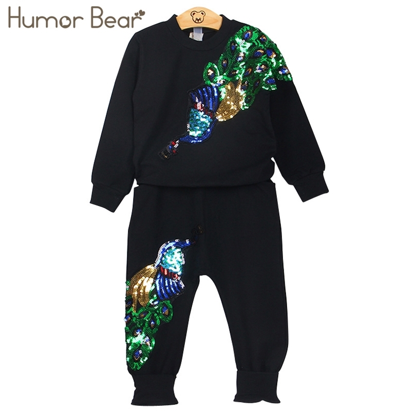 

Girls Clothing Sets Winter Wool Sportswear Long Sleeve peacock Embroidered Sequinsets Kids 210611, Black