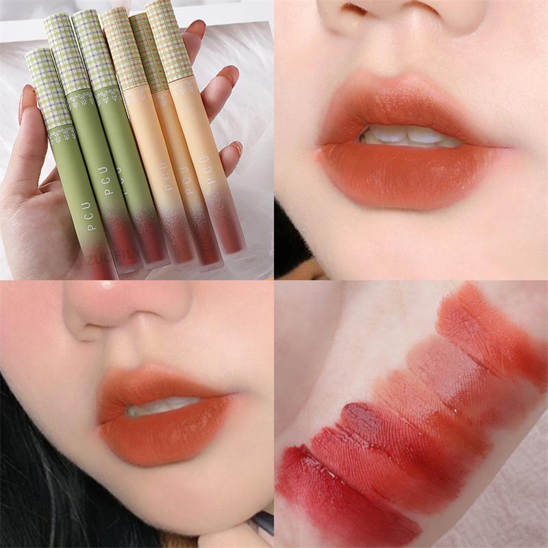 

Lip Gloss Pink Green Plaid Soft Mist Matte Lipstick Liquid Waterproof No Fading Long Lasting Natural Glitter Mud Cosmetics, 04-1pcs matte