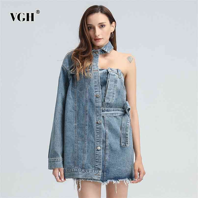 

Asymmetrical Denim Dress For Women Lapel Long Sleeve Hollow Out Patchwork Tassel Streetwear Dresses Female Fashion Spring 210531, Blue