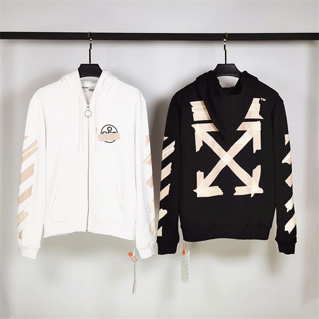 

Hoodies Off Style White Stamping Adhesive Tape Strip Sweater Hooded Zipper Hip Hop Loose Fashion Brand Couple Spring and Autumn Coat, Black