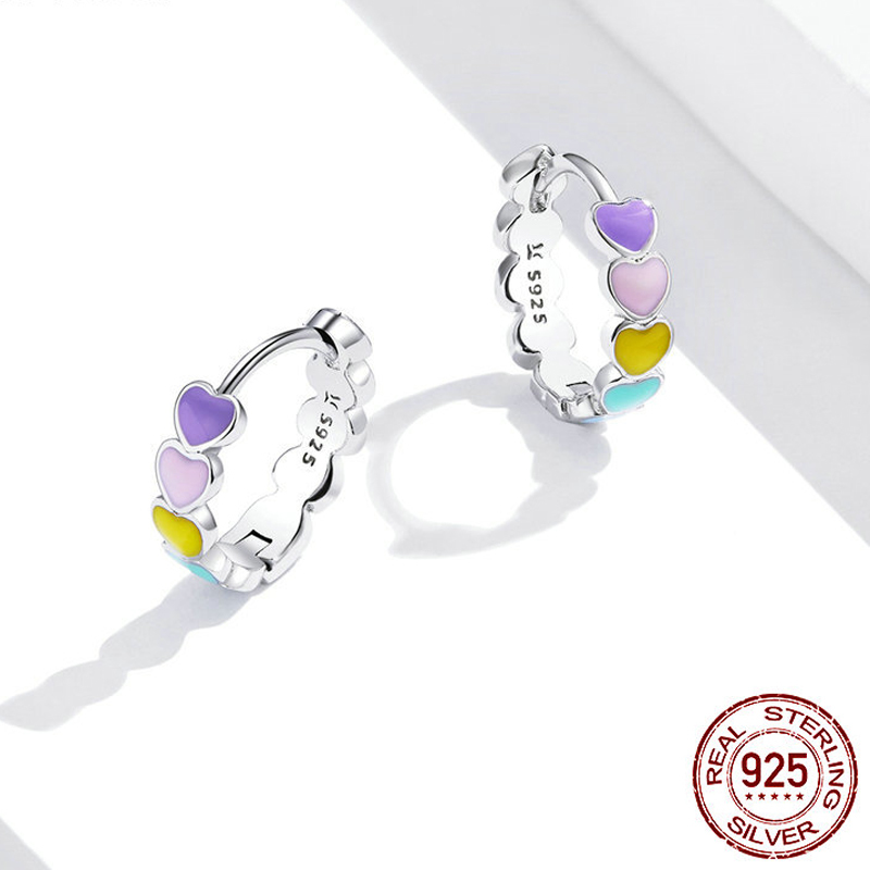 

s925 Sterling Silver Earrings Rainbow Heart Dangle Enamel Eardrop Hypoallergenic Piercing Ear Studs Jewelry Hoop for Girl Women
