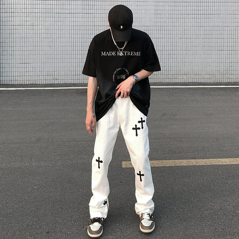 

casual pants high street loose vibe long men's hip hop embroidered cross micro flared, Black