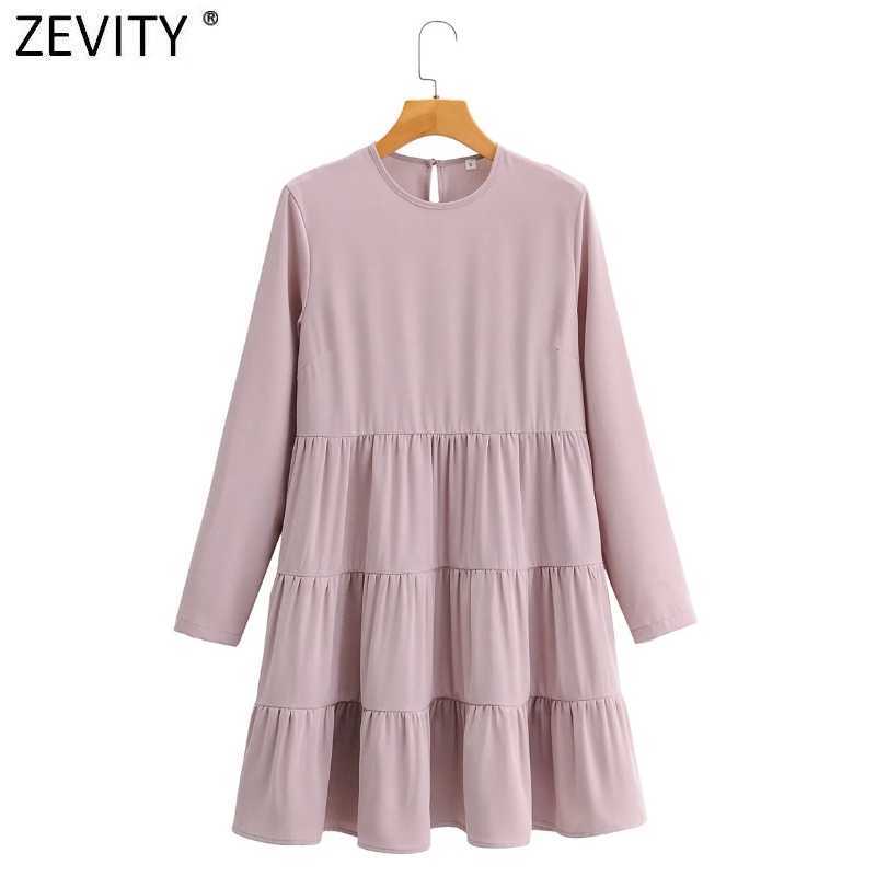 

Zevity Women Fashion O Neck Solid Color Pleats Mini Dress Female Basic Long Sleeve Casual Slim Chic Party Vestido DS4684 210603, As pic ds4684ff