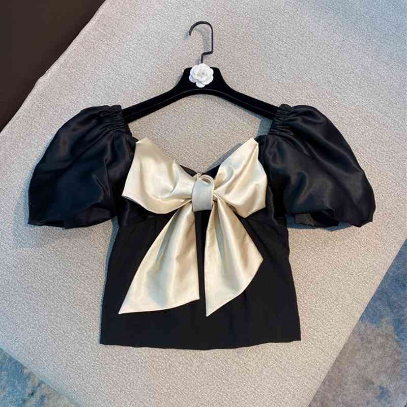 

Women T-shirt Square Neck Short Sleeve Fashion Spring Summer Ladies Bowtie Puff HR356 210525, Black