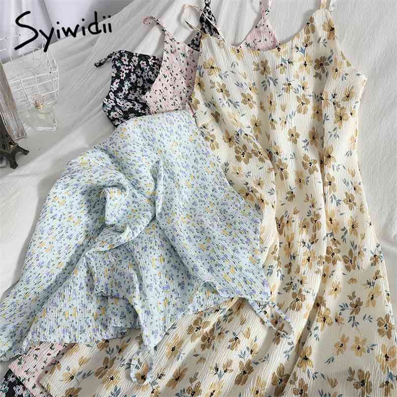 

Korean Floral Print Spaghetti Strap Womens Dresses High Waist V-Neck Sleeveless A-Line Summer Fashion Clothing 210607, Black