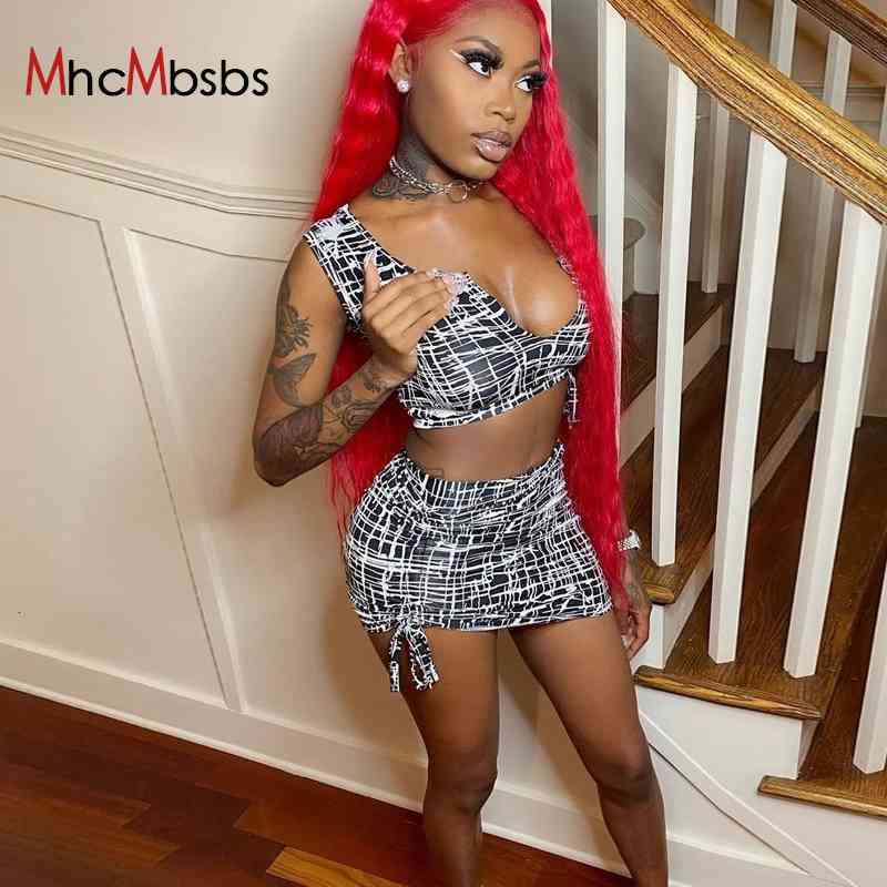Two Piece Dress MHCMBSBS 2 Set Women One Shoulder Tank Top Graffiti Print Drawstring Slim Mini Skirt 2021 Summer Beach Vacation Ou-image-701148113
