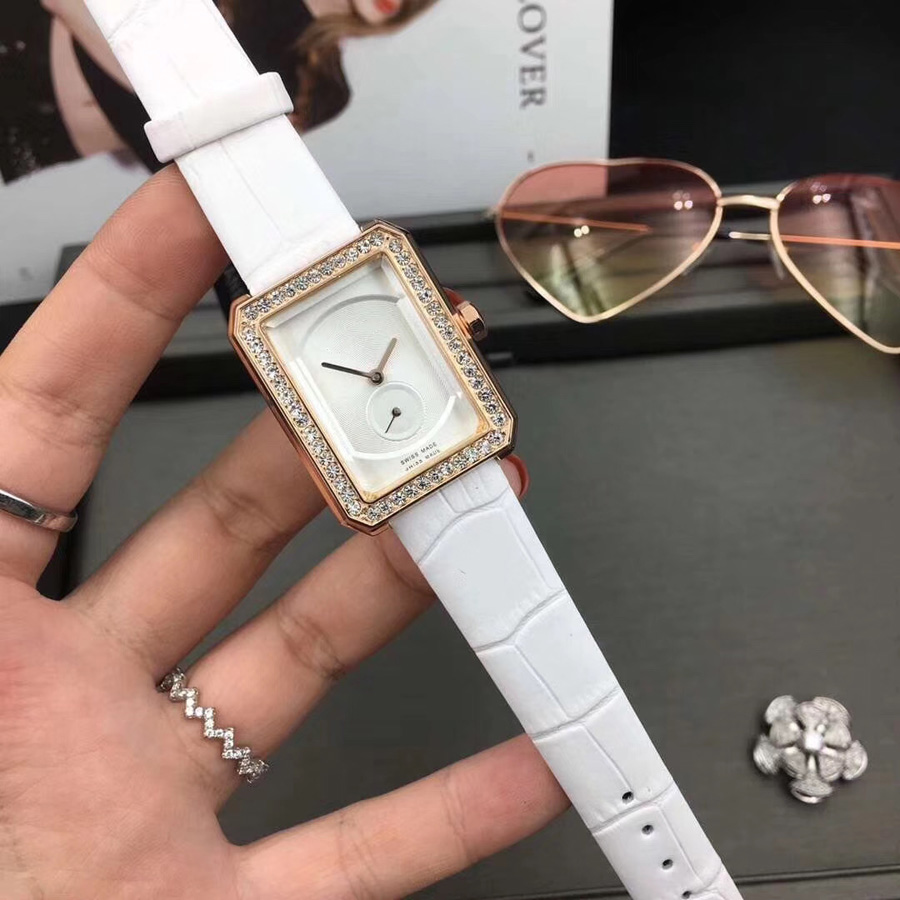 

Brand Watches Women Ladies Girl Crystal Rectangle Style Leather Strap Quartz Good Quality Wrist Watch Small dial can work CH75, Rose gold all white